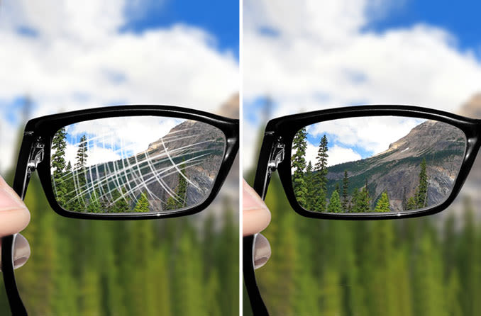 side-by-side of scratched and unscratched spectacle lenses
